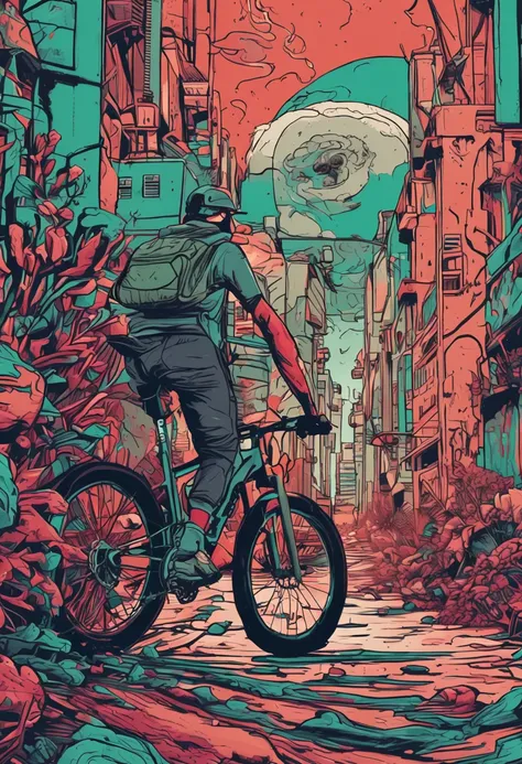 theres a cyclist cycling in the woods and a wolf looking at him Highly detailed graffiti, in illustration style digital, pintura digital altamente detalhada, arte digital. altamente detalhado, pintura digital de alta qualidade, arte digital altamente detal...