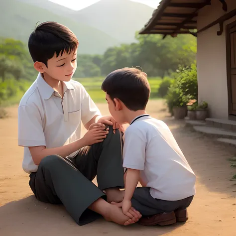 A boy in which he is touching his fathers feet should be in the village. Make such a photo.