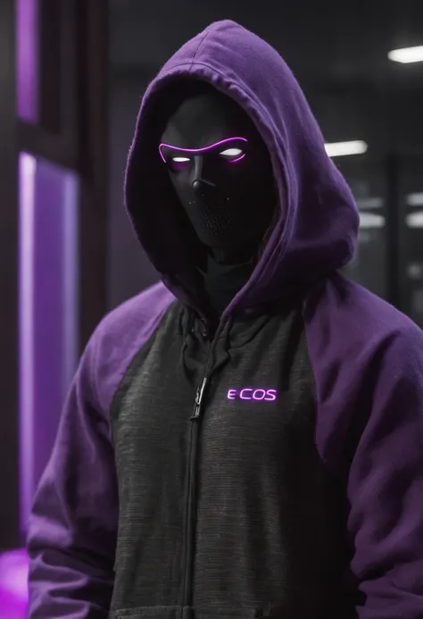 hacker usando um terno roxo com um sobretudo, with a neon technological mask with the letter Δ