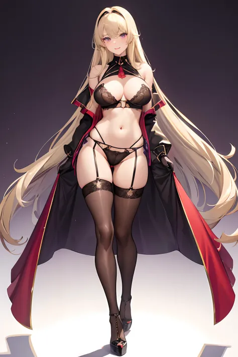 1Girl,bangss,black legwear,Black panties,(((Blonde hair))), blush,bra,pectorals,cape,eyebrows_visible_door_heads,s whole body, garterbelt, Garter strap, high heels, (((Silver high heels))), jewellery, lace, large full breasts, Long hair, looking up at view...