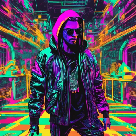 ((melhor qualidade)), ((obra-prima)), ((realista)) and ultra-detailed photograph of a 1nerd man with gothic and neon colors. Ela tem ((cabelo turquesa)), usa uma jaqueta techwear e exala uma vibe ((Beautiful and Aesthetic)), sexy, Peitos Inferiores, hot