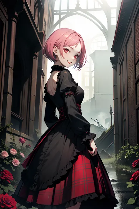 girl, pink hair, bob haircut, Gothic Lolita, Gothic style, red plaid skirt, red eyes, Face of Beauty, pale skin, smiling, in a ruined mansion, red roses in a garden in the background, dark cloudy weather, rain light, dark green filter, intense filter, secr...