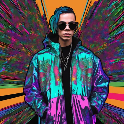 ((melhor qualidade)), ((obra-prima)), ((realista)) and ultra-detailed photograph of a 1nerd man with gothic and neon colors. Ela tem ((cabelo turquesa)), usa uma jaqueta techwear e exala uma vibe ((Beautiful and Aesthetic)), sexy, Peitos Inferiores, hot