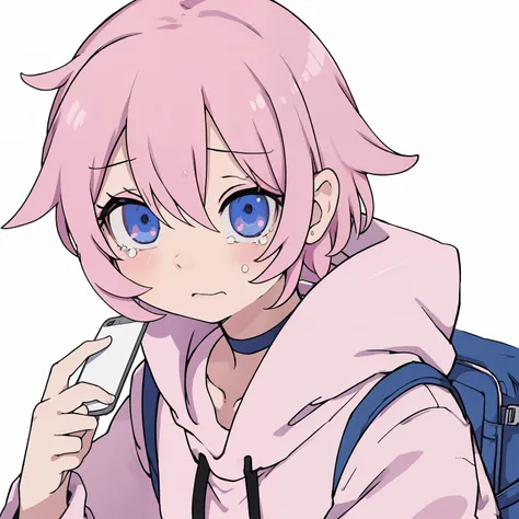 anime girl, short pink hair, blue eyes , pink hoodie, choker, using a phone, crying, white background, backpack