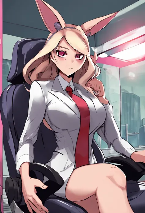 espeon, HD, big breasts, giant breasts, office, sitting in an office chair, detailed light, dynamic angle, dynamic light, detailed face, beautiful background, detailed hands, full body, businessman clothes, businesswoman, fancy clothes, two ears, espeon, o...