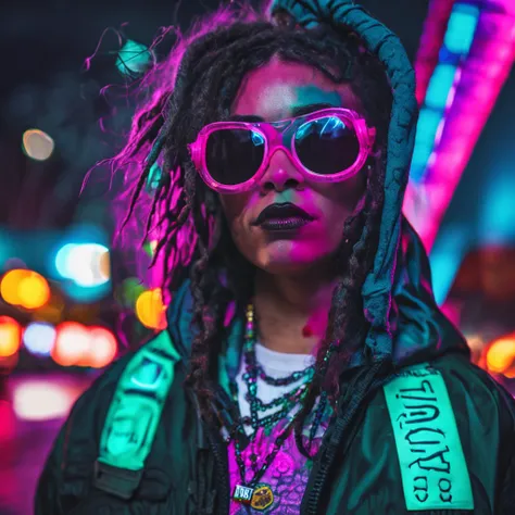 ((melhor qualidade)), ((obra-prima)), ((realista)) and ultra-detailed photograph of a 1nerd man with gothic and neon colors. Ela tem ((cabelo turquesa)), usa uma jaqueta techwear e exala uma vibe ((Beautiful and Aesthetic)), sexy, Peitos Inferiores, hot