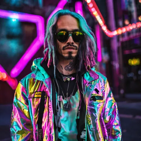 ((melhor qualidade)), ((obra-prima)), ((realista)) and ultra-detailed photograph of a 1nerd man with gothic and neon colors. Ela tem ((cabelo turquesa)), usa uma jaqueta techwear e exala uma vibe ((Beautiful and Aesthetic)), sexy, Peitos Inferiores, hot