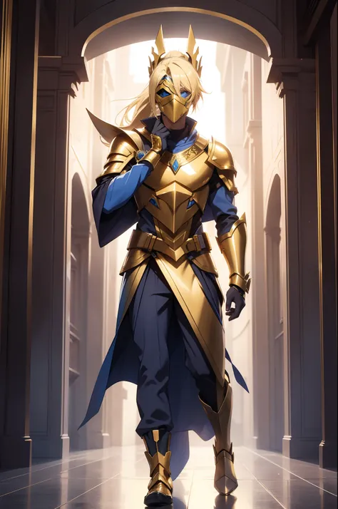 solo male, golden armor, blue robes, metal mask, covered face, blonde hair, ponytail, full body view