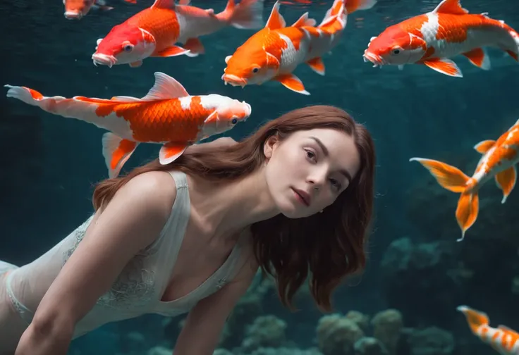 "RAW photo, best,masterpiece, best quality, high quality, extremely detailed,((a beautiful woman dives next to some koi fish)), in an underwater world full of corals, sensation of life and movement of the image, the scene seems taken from a movie, hyper-re...