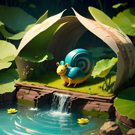 2d game background，Small shallow pool，snail，Lotus leaf，depth of fields，hand painted style，planar，popup book