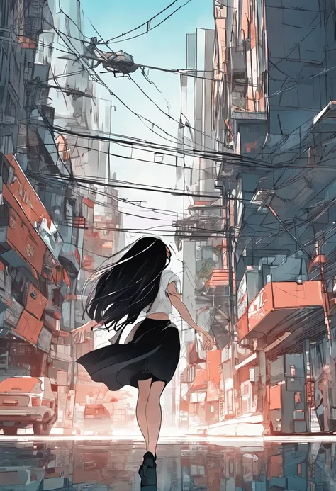 1girl, long black hair, blue eyes, wearing plain white wet shirt, big boobs, small black skirts, city, absurdres, high res, ultrasharp, 8K, masterpiece, looking at viewer