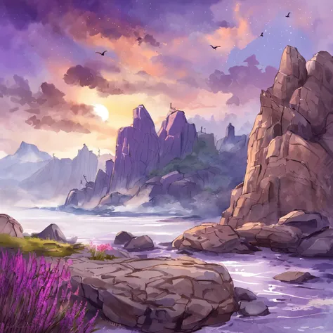 masterpiece, purple earth, purple stones, purple ruins, realistic, mountains, midnight, highdetail, rendered in unreal engine 5, ultra quality, long shot, purple gas