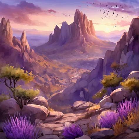 masterpiece, purple earth, purple stones, purple ruins, realistic, mountains, midnight, highdetail, rendered in unreal engine 5, ultra quality, long shot, purple gas