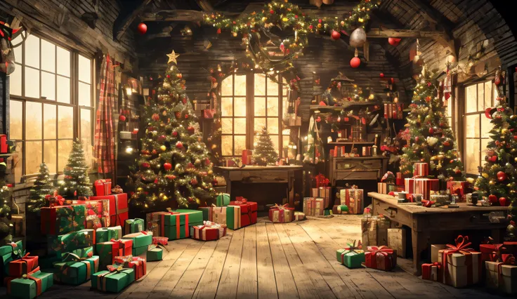 arafed room with a lot of presents and a window, santas workshop, santa inside a rustic barn, santa, 🕹️ 😎 🔫 🤖 🚬, istock, a hyper realistic, presents, photoshot, personal room background, by Lisa Nankivil, elves house, inside an old magical shop, amazing!, ...