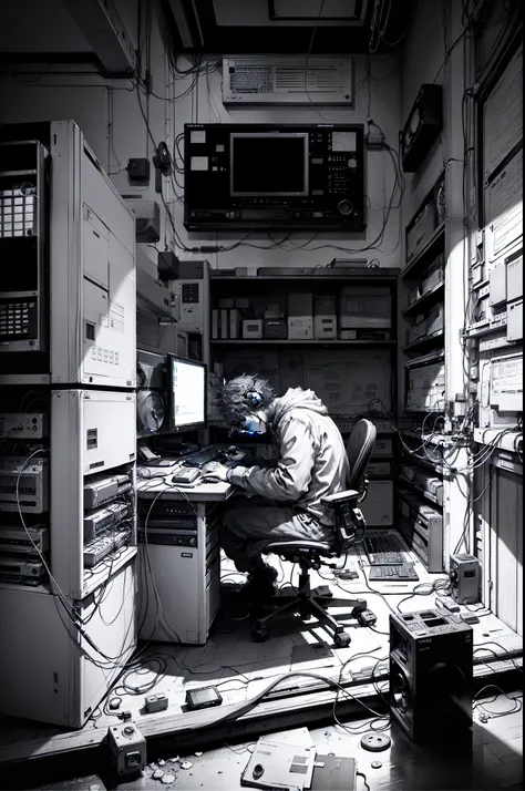 The theme screen is located below, The picture is black, Manhwa Style, Programmers write code in a dark environment，Behind it is the server，The server is connected to the computer, And place dense wires on the ground teenager with headphones，The headphones...