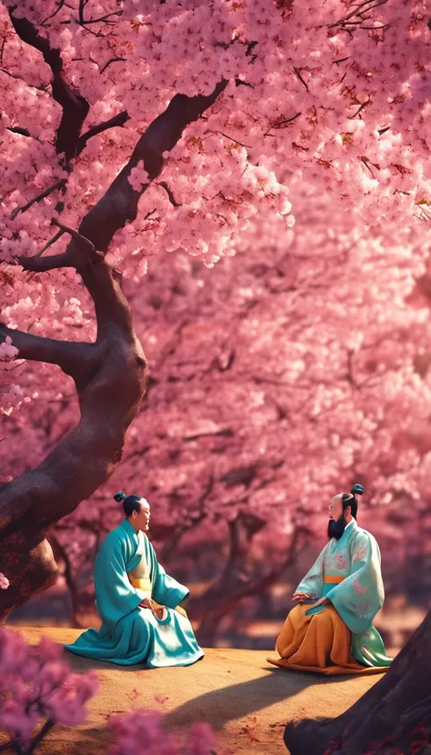 Two Chinese sages sitting in the shade of a cherry blossom tree with rays of sun passing among the flowers