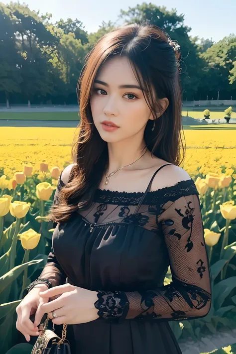 (8k, best quality, masterpiece:1.2),(realistic, photo-realistic:1.37),ultra-detailed,beautiful devil,upper body,face the front,looking at viewer,wearing black lace dress, blace versace bag on her shoulder. in tulip field.