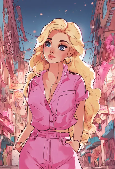 blonde hair blue eyes, 90s style anime, simple, pink outfit, barbie style clothes, short teen, big boobs, freckles, mole at the bottom left side of her face, full body