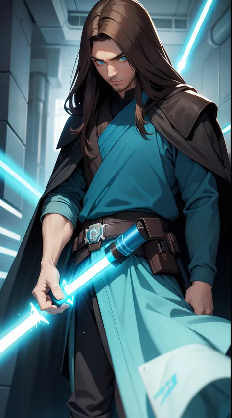 adult man, Long brown hair, Cyan eyes, Blue Rob Jedi, Lightsaber, Darth Revan, Masterpiece, hiquality