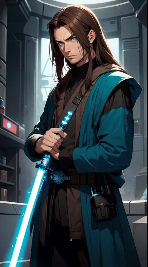 adult man, Long brown hair, Cyan eyes, Blue Rob Jedi, Lightsaber, Darth Revan, Masterpiece, hiquality