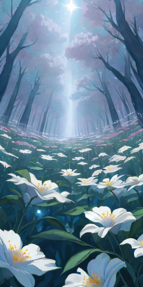 A vacant lot，Flowers grow in open spaces，In the distance is a dark forest，The flowers are bright，light sparkles，Clear skies change from above to dark skies，Look at the camera from below，Dark lighting，volume illumination，super-detail，Environmental details，h...