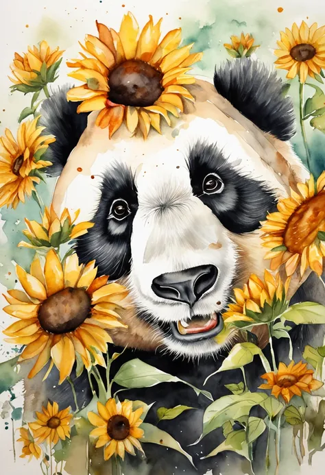 Um panda bonito，Sunflowers are worn on the head，perspectiva positiva，e uma abelha voando