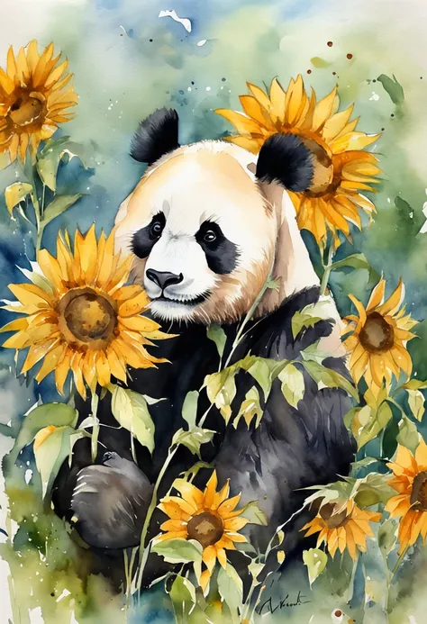 Um panda bonito，Sunflowers are worn on the head，perspectiva positiva，e uma abelha voando