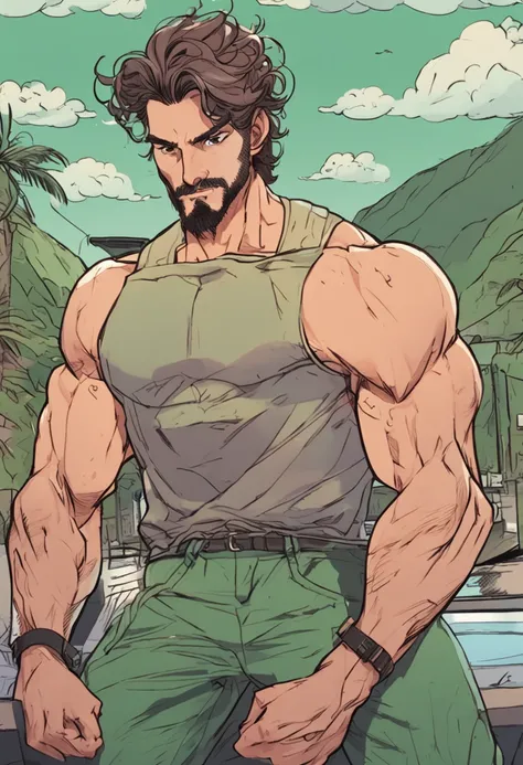 90s anime style, tall brunette boy, green eyes, muscles, aesthetically pleasing, facial hair,