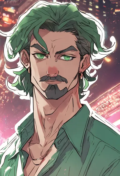 90s anime style, tall brunette boy, green eyes, muscles, aesthetically pleasing, facial hair,