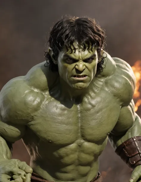 depiction of the hulk (marvel) in the lord of the rings, hes playing Frodo casting the one ring into the fires of mt doom