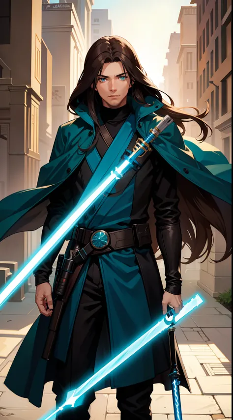 adult man, Long brown hair, Cyan eyes, Blue Rob Jedi, Lightsaber, Darth Revan, Masterpiece, hiquality