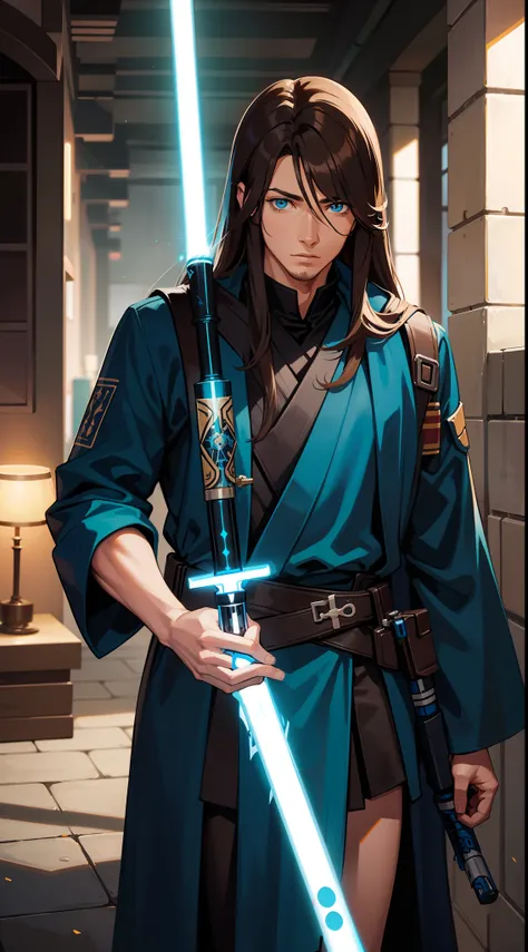 adult man, Long brown hair, Cyan eyes, Blue Rob Jedi, Lightsaber, Darth Revan, Masterpiece, hiquality