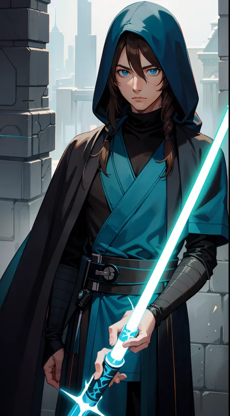 adult man, Long brown hair, Cyan eyes, Blue Rob Jedi, Lightsaber, Darth Revan, Masterpiece, hiquality