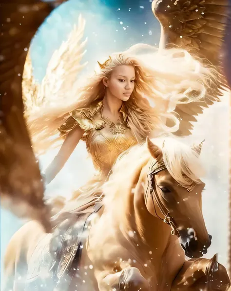 imagem de uma mulher montando um cavalo com um anjo sobre ele, Taylor Swift como um anjo celestial, de anjo lindo, Armadura Dourada Angelical, as a mystical valkyrie, woman riding a flying unicorn, Deusa Dourada Atena, anjo bonito, de uma menina anjo bonit...