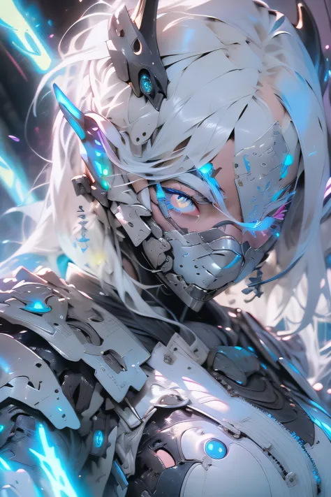 (Masterpiece), (Best quality), 1girll, Cyborg girl, Female warrior battlefield, Portrait, Close-up shot, (Blue glowing eyes), Cyborg armor, White armor，liuyifei