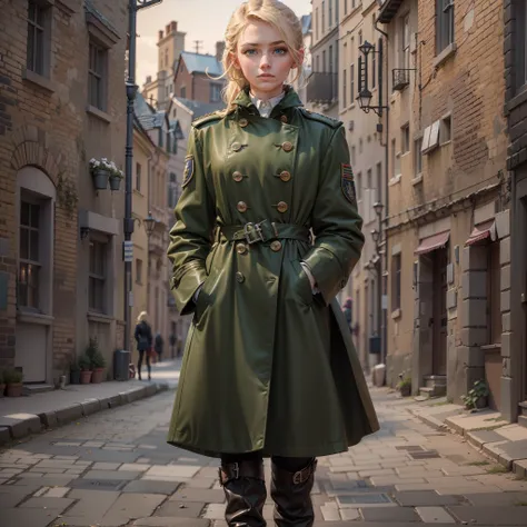 One lonely young adult girl, Tall stature, little chest, closed mouth, Slavic appearance: Green eyes; blond hair; sharp facial features; dimple on the chin; Straight nose; high nose; pronounced high cheekbones; high forehead, stands upright, wears a milita...