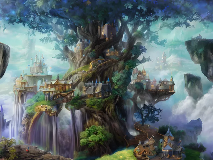 Draw a fantasy castle on a tree with a waterfall, medeival fantasy town, Fantasy Town, a bustling magical town, made of tree and fantasy valley, final fantasy vll world concept, fantasy town setting, fantasy world concept, 2. 5 D CGI anime fantasy artwork,...