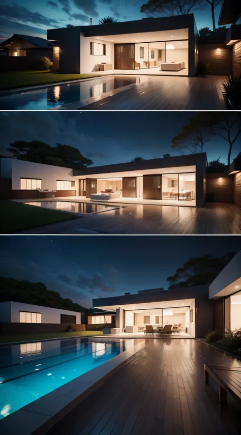 foto noturna de uma casa de alto padrao modern contemporary, Com piscina estreita e longa no estilo de Mies van der Rohe na arquitetura de hoje