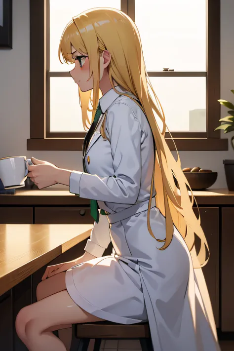 1 woman, sitting at a kitchen island counter on chair, holding coffee mug, profile, long blond hair, large chest, wearing  white business dress, green tie, profile, looking away embarrassed