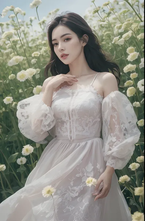 (8k, best quality, masterpiece:1.2),(realistic, photo-realistic:1.37),ultra-detailed,beautiful devil,upper body,face the front,looking at viewer,wearing black lace dress, blace versace bag on her shoulder. in tulip field.