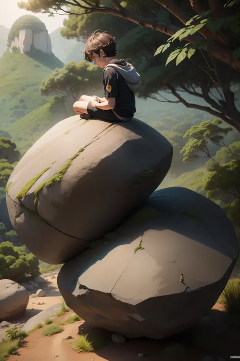 um menino sentado em uma pedra, na natureza, segurando uma pedra. alta resolução, full hd, anime, modo paisagem