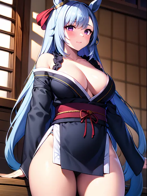 ​masterpiece, Best Quality，top-quality，{{{1 photo}}}，{{{Mejiro Aldan/Umamusume}}}，{{very long hair of light blue color}}，Purple eyes，red blush，a closed mouth，{{{Normal}}}，{{{Kimono with open chest}}}，Black kimono，no-bra，{{{Purple luxury kimono}}}，{{{Pictur...