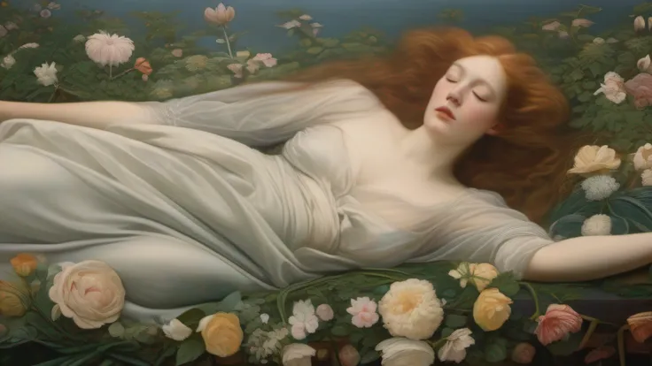 pintura de uma mulher deitada em uma cama com flores em primeiro plano, Maria Jane Ansell, Chie Yoshii, Ophelia, inspirado em Edward Robert Hughes, persephone in spring, monia merlo, vincent desiderio, Pre-Raphaelite, David Hamilton, a still of an ethereal...