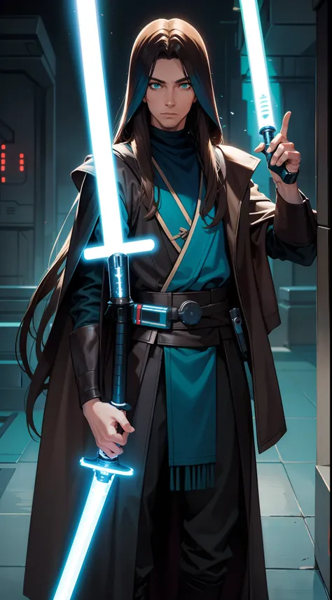 adult man, Long brown hair, Cyan eyes, Blue Rob Jedi, Lightsaber, Darth Revan, Masterpiece, hiquality