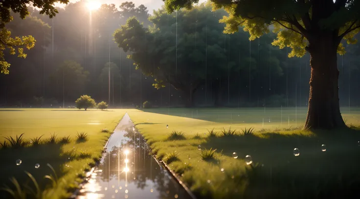 Ultra realistic, masterpiece quality, rain shower in open field ,(( sunlight reflecting through rain drops)), Cinematic, rain drops passing sunlight