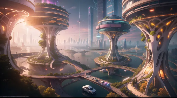 In the vibrant future of 2050, imagine a world where cities float in the sky, connected by an intricate network of suspended streets. The lights from the skyscrapers mix with those from the flying cars, while the driverless vehicles move non-stop. In the e...