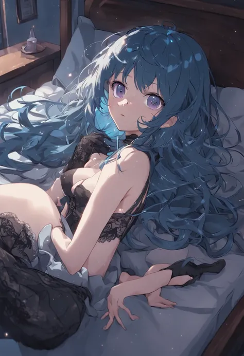 Anime girl with long blue hair and different eyes, Black transparent lace lingerie，The room lay on the bed，Temptation to open legs