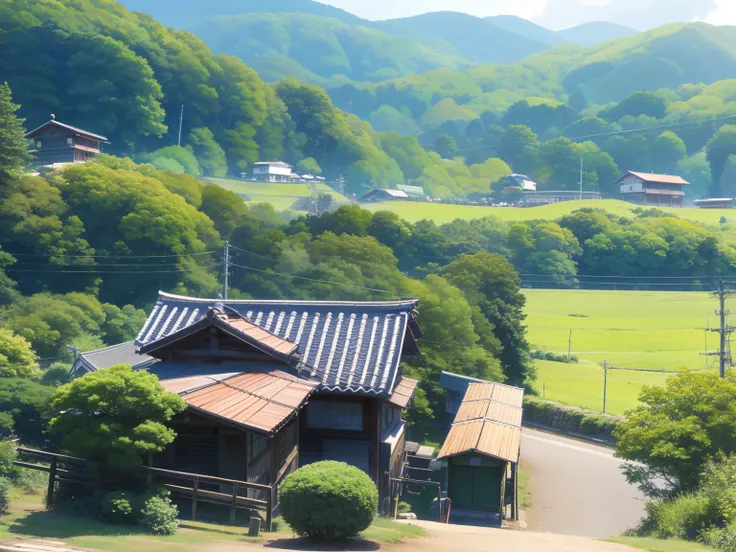 countryside in japan、Showa style、landscapes、Town、Wooden telegraph pole、ghibuli style、By Shinkai Makoto、