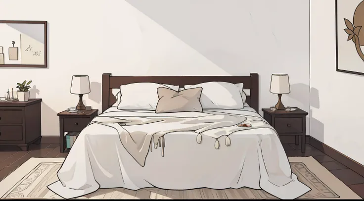 uma cama,candeeiro de mesa nigth, Desser , espelho , mesa, em uma sala branca com uma parede branca e piso branco ,