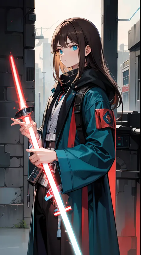 adult man, Long brown hair, Cyan eyes, Blue Rob Jedi, Lightsaber, Darth Revan, Masterpiece, hiquality